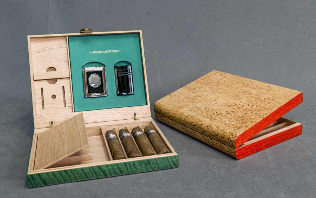 Coffret à cigares en bois sur mesure, illustrant l’art de l’ébénisterie durable.